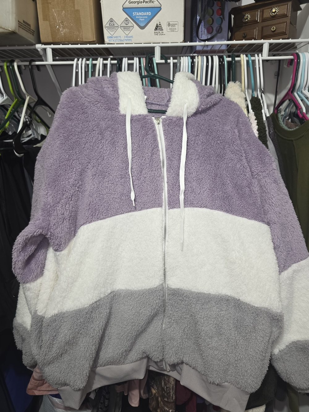 Cozy Colorblock Sherpa Zip Hoodie - Lavender, White & Gray